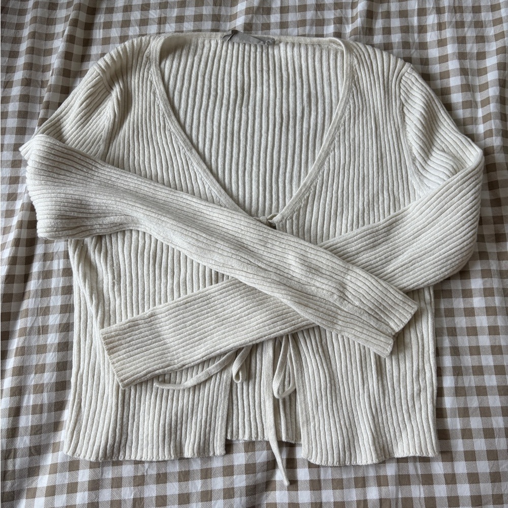 Cream Ribbed Tie Sweater